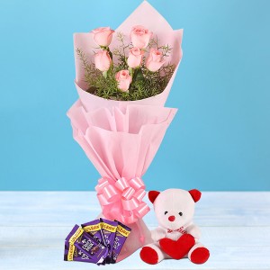 Pink Roses N Teddy With Chocolate